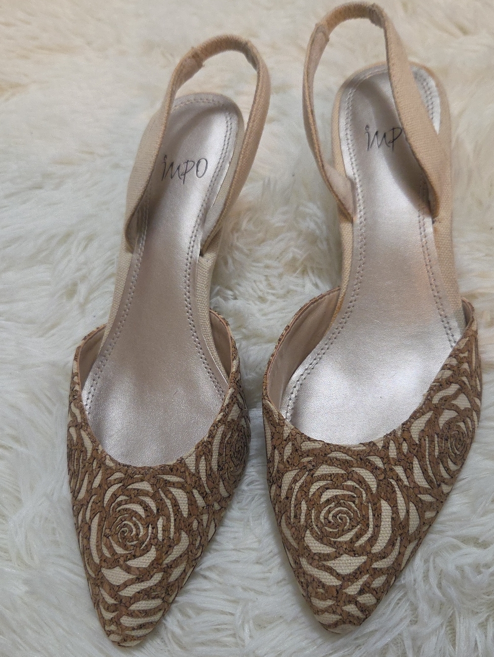 Impo Tan & Cream Floral Cutout Slingback Pointed-Toe Slingback 2" Heels-Size 8.5